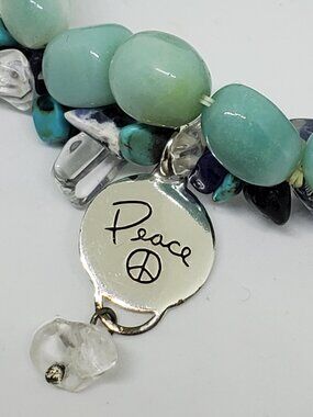 Sterling Silver PEACE Charm and Natural Blue Stones Stretch Bracelet Hippie Boho